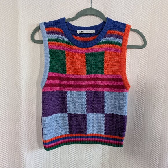 ZARA Knit Patchwork Sweater Vest Colorblock Cotton Size Small Eclectic Artsy - Picture 5 of 12